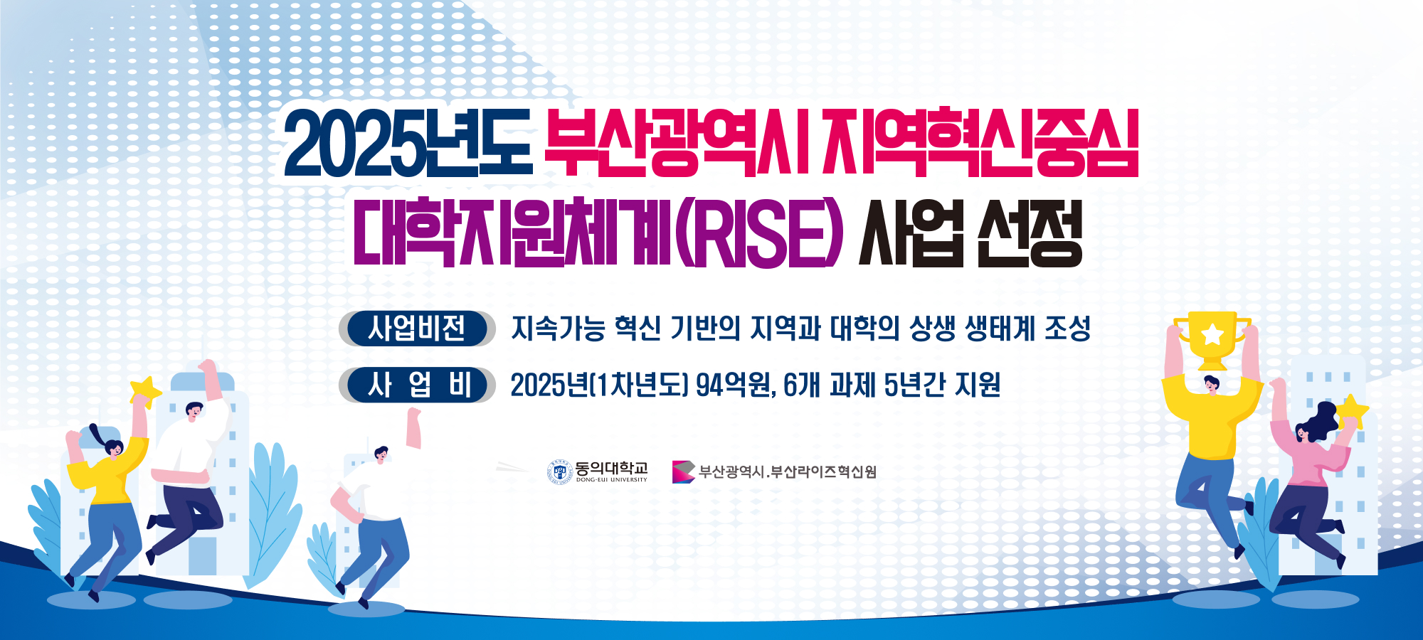 2025년도 부산광역시 지역혁신중심 대학지원체계(RISE) 사업 선정/사업비전:지속가능 혁신 기반의 지역과 대학의 상생 생태계 조성/사업비:2025년(1차년도)94억원, 6개 과제 5년간 지원/동의대학교, 부산광역시.부산라이즈혁신원